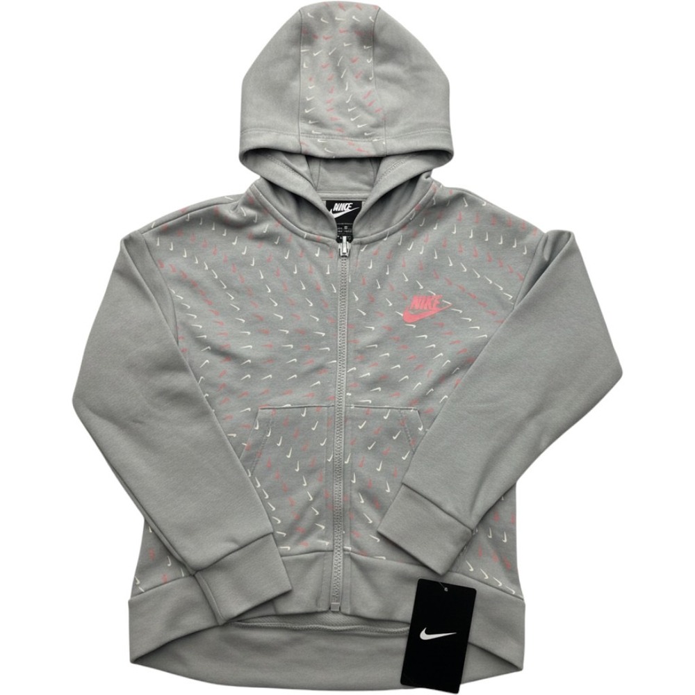 NEW WT Nike Full Zip Hoodie Kids 6X Grey All Over Swoosh Print Glitter Logo